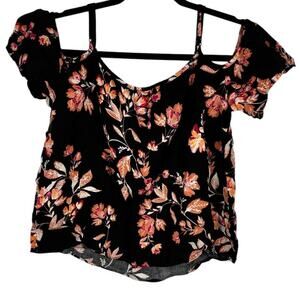Lovefire Black With Multicolor Floral Design Cold Shoulder Top Medium
